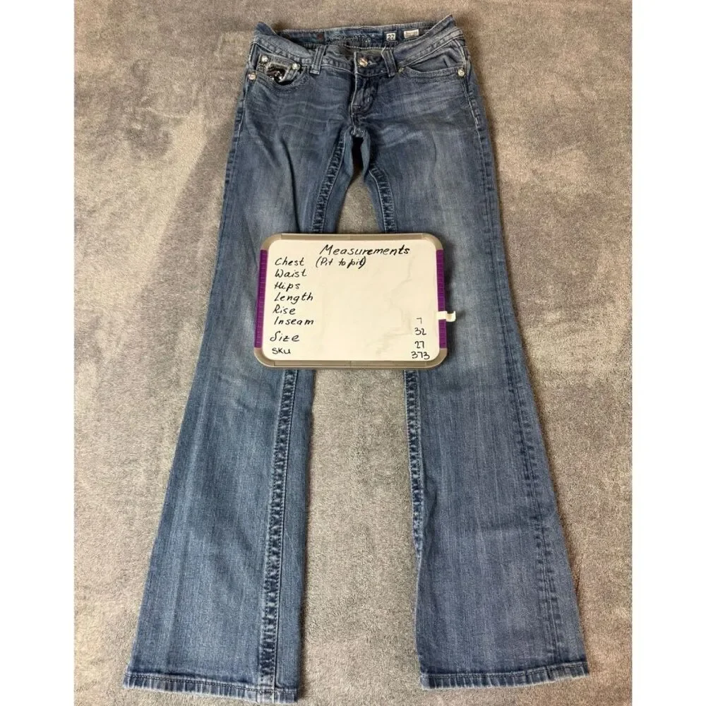 Miss Me Low Rise Bootcut Jeans Size 27 Blue Sequin Flap Pocket Stretch Denim